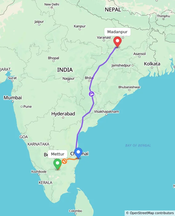 Route map showing distance and travel time from Mettur, India to Madanpur, India