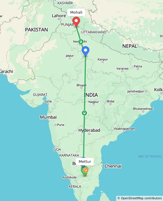 Route map showing distance and travel time from Mettur, India to Mohali, India