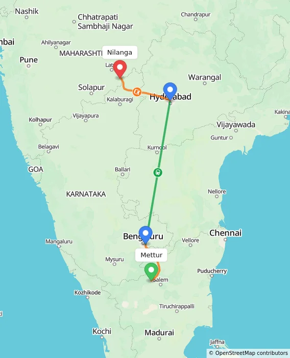 Route map showing distance and travel time from Mettur, India to Nilanga, India