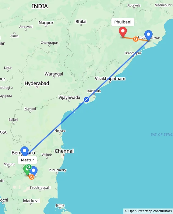 Route map showing distance and travel time from Mettur, India to Phulbani, India