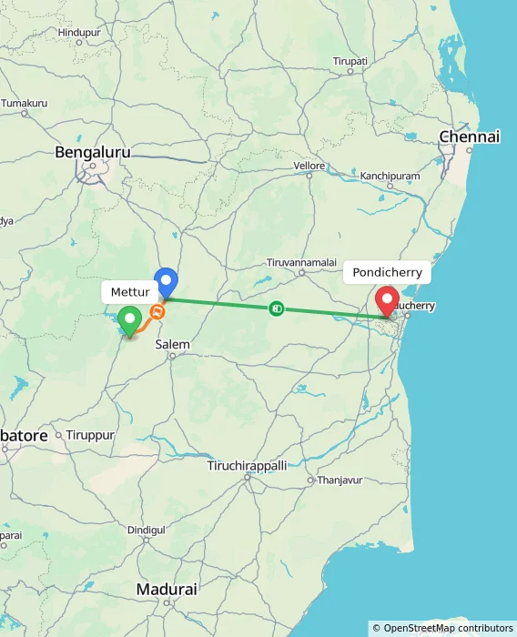 Route map showing distance and travel time from Mettur, India to Puducherry, India