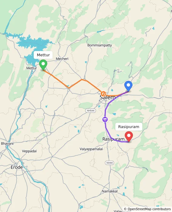 Route map showing distance and travel time from Mettur, India to Rasipuram, India