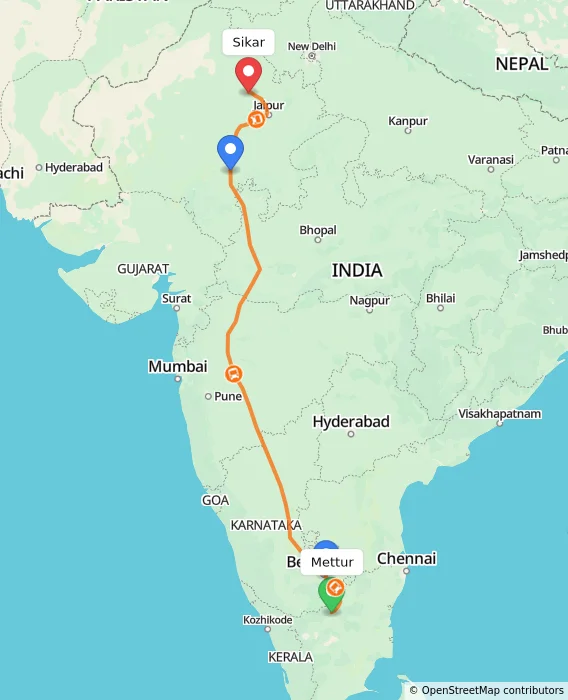Route map showing distance and travel time from Mettur, India to Sikar, India