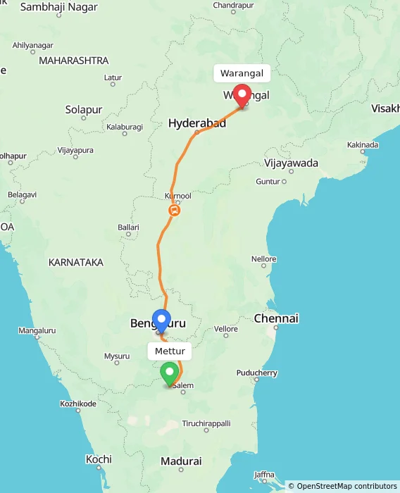 Route map showing distance and travel time from Mettur, India to Warangal, India
