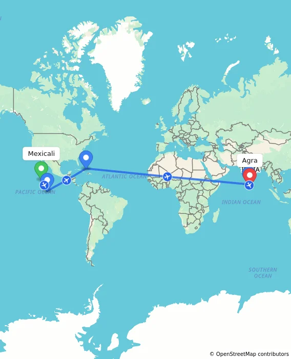 Route map showing distance and travel time from Mexicali, Mexico to Agra, India