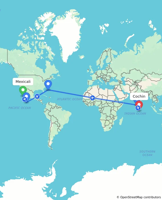 Route map showing distance and travel time from Mexicali, Mexico to Cochin, India