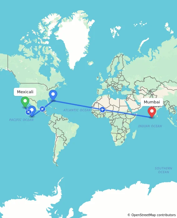 Route map showing distance and travel time from Mexicali, Mexico to Mumbai, India