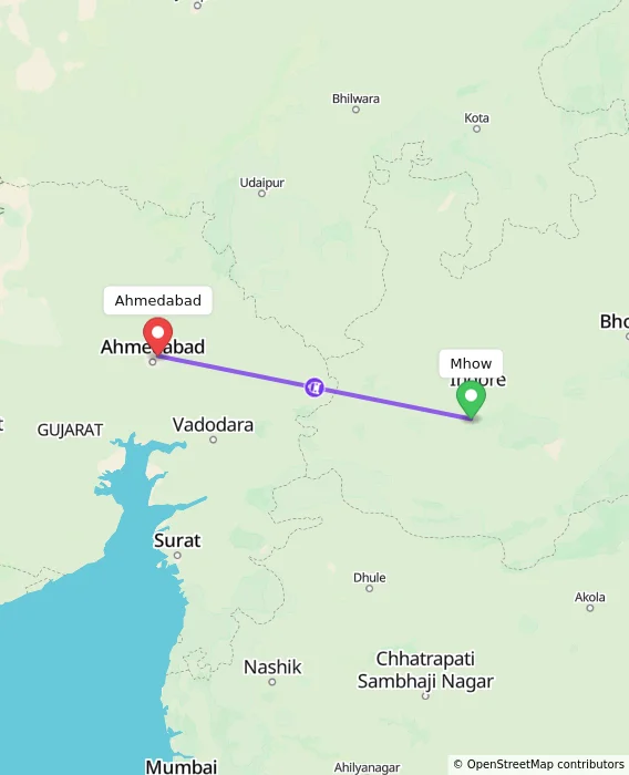 Route map showing distance and travel time from Mhow, India to Ahmedabad, India