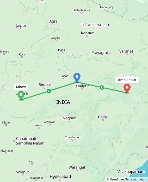 Route map showing distance and travel time from Mhow, India to Ambikapur, India