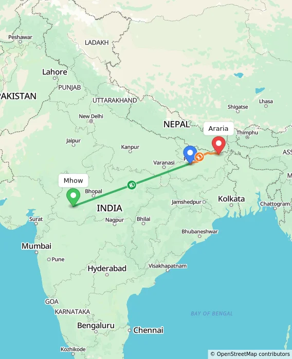 Route map showing distance and travel time from Mhow, India to Araria, India