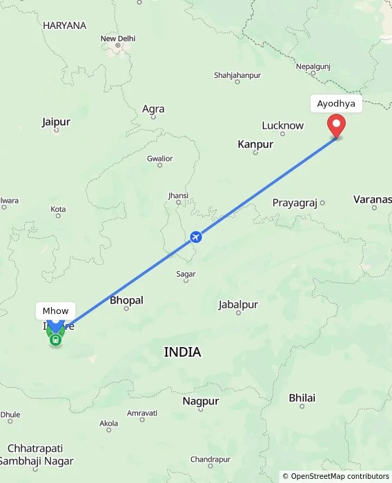 Route map showing distance and travel time from Mhow, India to Ayodhya, India