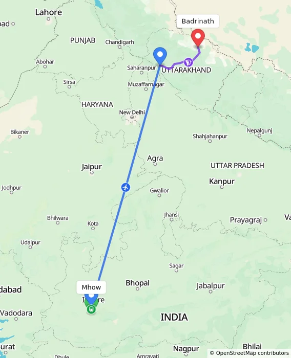 Route map showing distance and travel time from Mhow, India to Badrinath, India