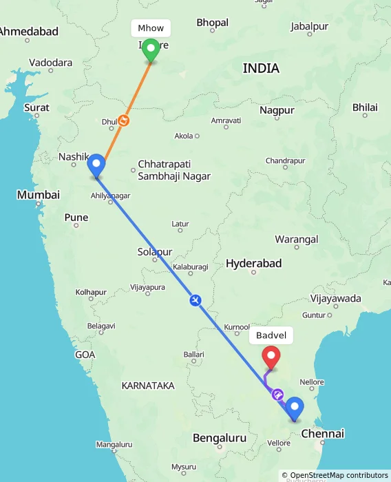 Route map showing distance and travel time from Mhow, India to Badvel, India