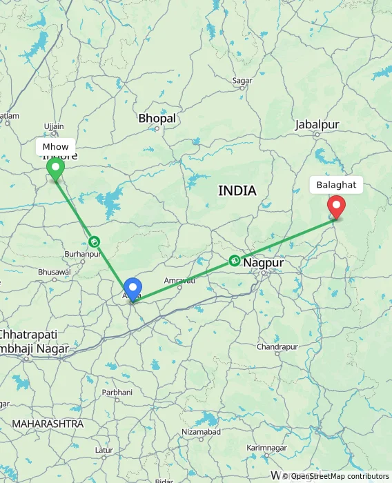 Route map showing distance and travel time from Mhow, India to Balaghat, India