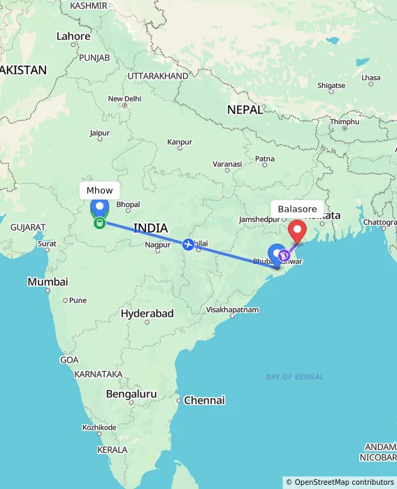 Route map showing distance and travel time from Mhow, India to Balasore, India