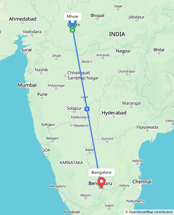 Route map showing distance and travel time from Mhow, India to Bangalore, India