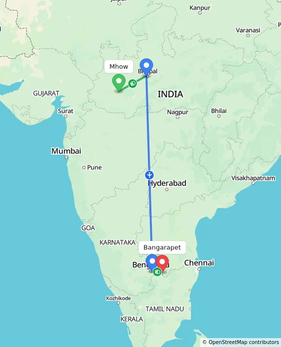Route map showing distance and travel time from Mhow, India to Bangarapet, India