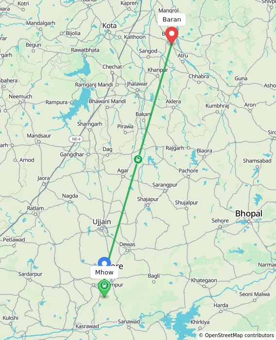Route map showing distance and travel time from Mhow, India to Baran, India