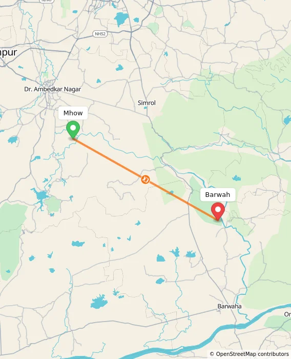 Route map showing distance and travel time from Mhow, India to Barwah, India