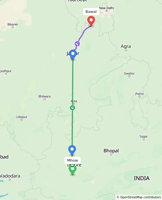 Route map showing distance and travel time from Mhow, India to Bawal, India