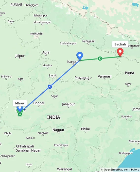 Route map showing distance and travel time from Mhow, India to Bettiah, India