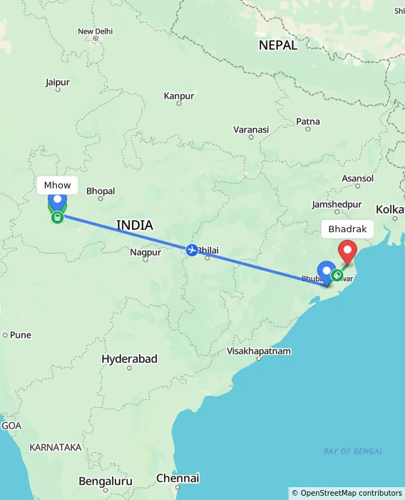 Route map showing distance and travel time from Mhow, India to Bhadrak, India