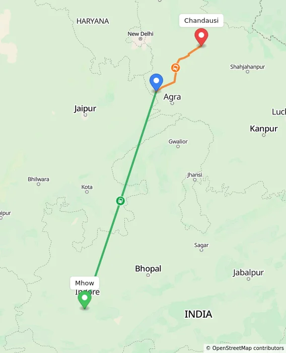 Route map showing distance and travel time from Mhow, India to Chandausi, India
