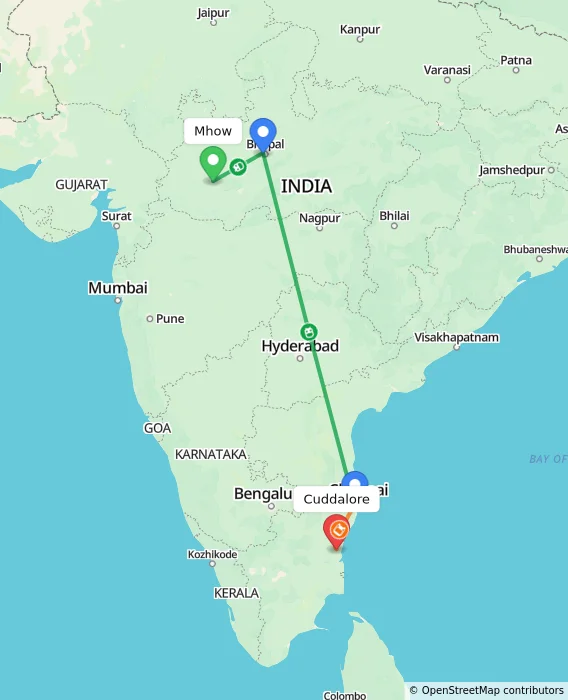 Route map showing distance and travel time from Mhow, India to Cuddalore, India
