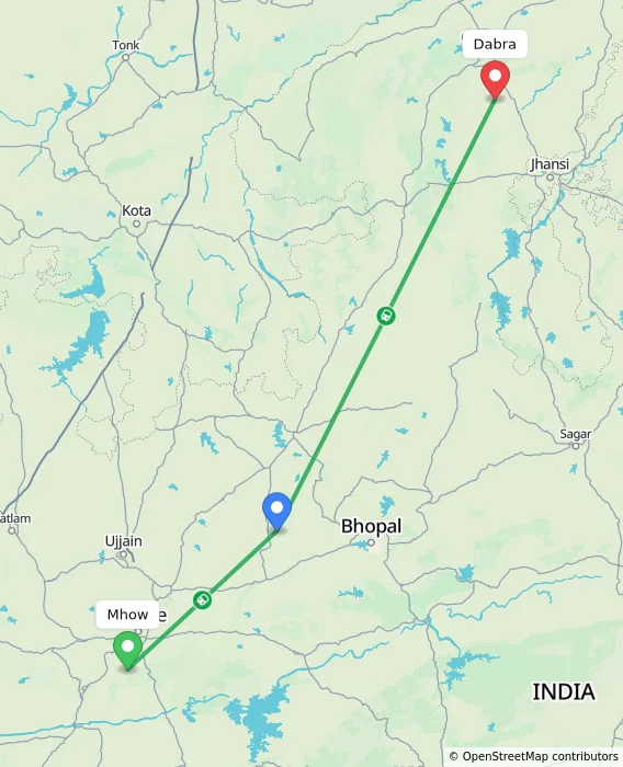 Route map showing distance and travel time from Mhow, India to Dabra, India