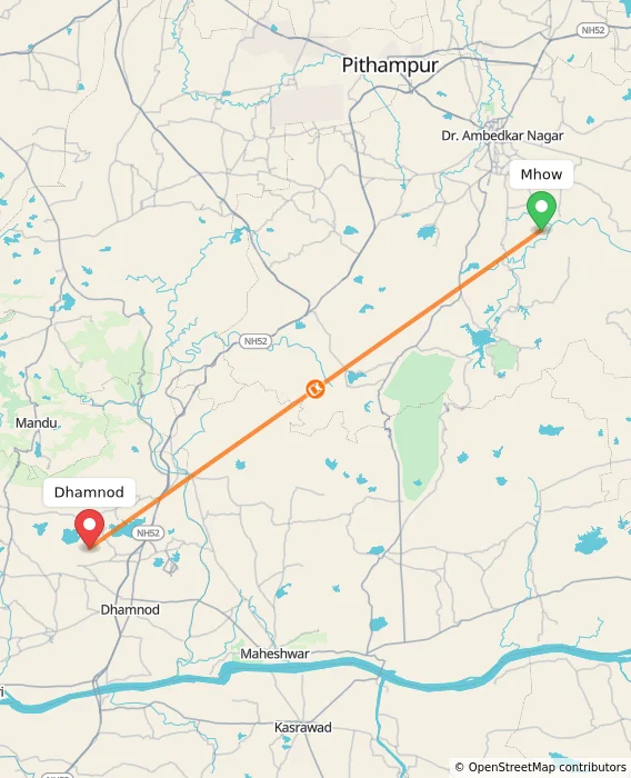 Route map showing distance and travel time from Mhow, India to Dhamnod, India