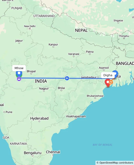 Route map showing distance and travel time from Mhow, India to Digha, India