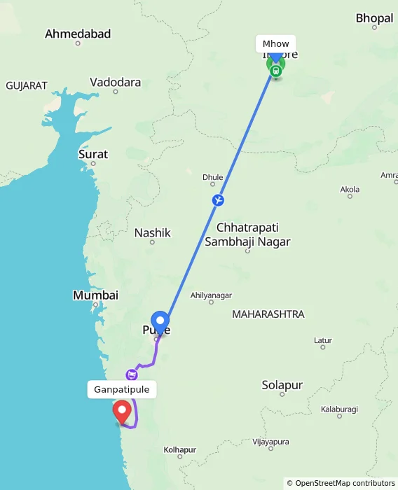 Route map showing distance and travel time from Mhow, India to Ganpatipule, India