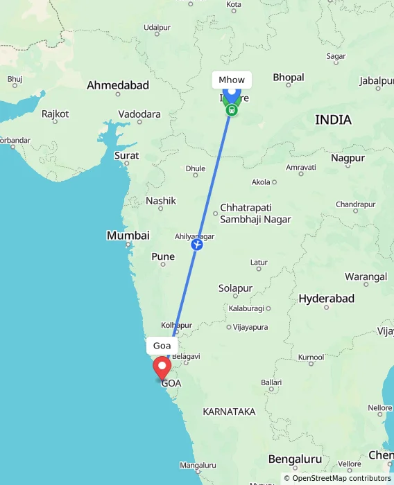 Route map showing distance and travel time from Mhow, India to Goa, India