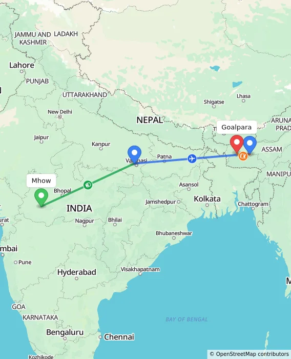 Route map showing distance and travel time from Mhow, India to Goalpara, India