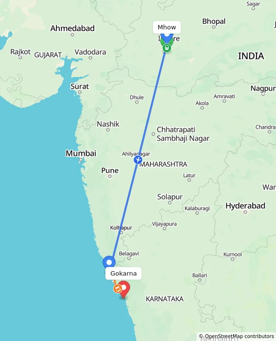 Route map showing distance and travel time from Mhow, India to Gokarna, India