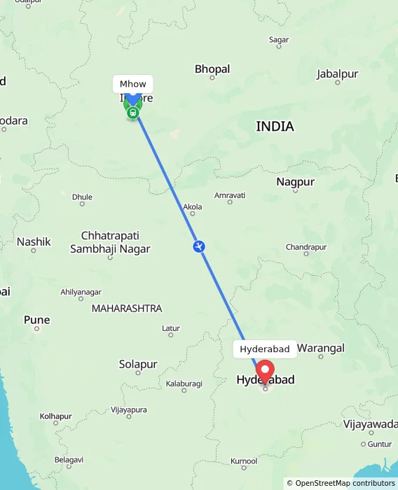 Route map showing distance and travel time from Mhow, India to Hyderabad, India