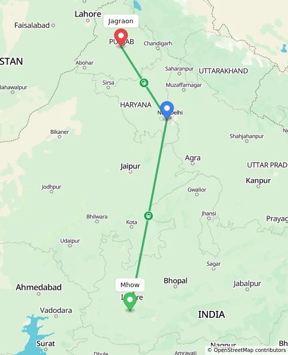 Route map showing distance and travel time from Mhow, India to Jagraon, India