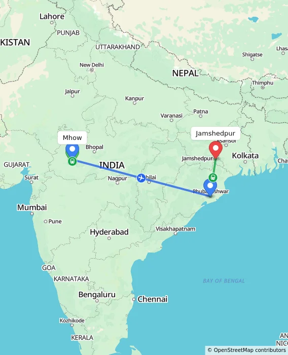 Route map showing distance and travel time from Mhow, India to Jamshedpur, India