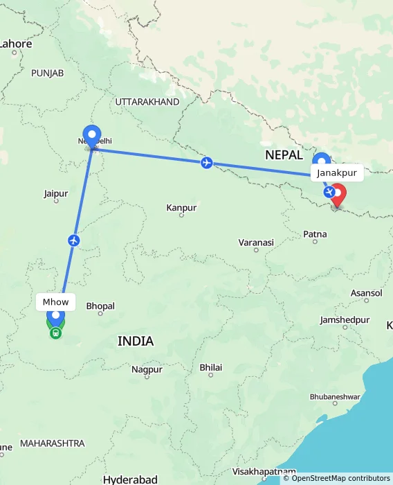 Route map showing distance and travel time from Mhow, India to Janakpur, Nepal