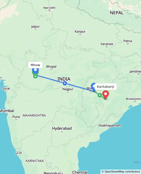 Route map showing distance and travel time from Mhow, India to Kantabanji, India