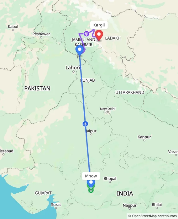 Route map showing distance and travel time from Mhow, India to Kargil, India