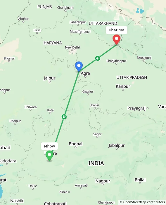 Route map showing distance and travel time from Mhow, India to Khatima, India