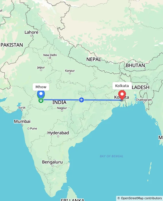 Route map showing distance and travel time from Mhow, India to Kolkata, India