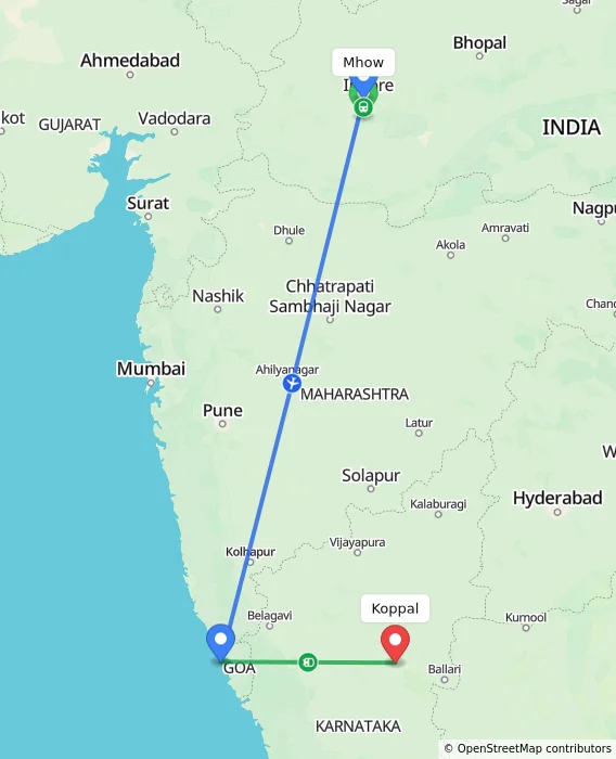 Route map showing distance and travel time from Mhow, India to Koppal, India