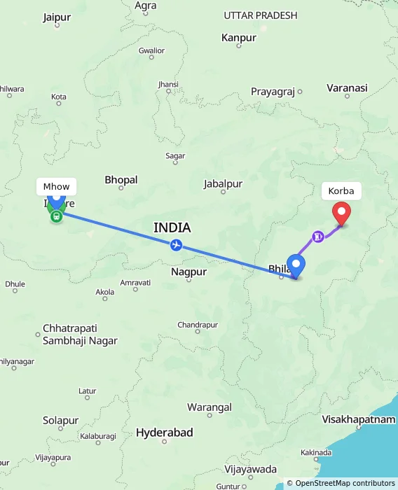 Route map showing distance and travel time from Mhow, India to Korba, India