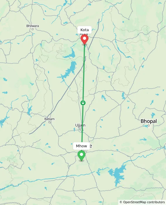 Route map showing distance and travel time from Mhow, India to Kota, India