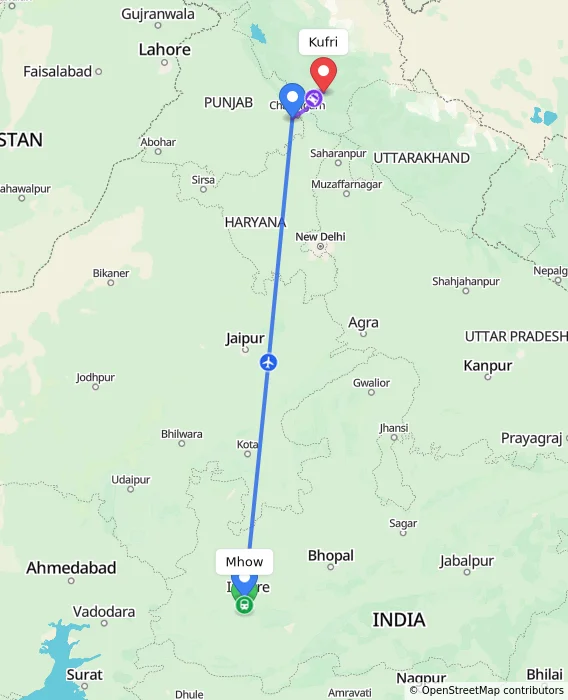 Route map showing distance and travel time from Mhow, India to Kufri, India