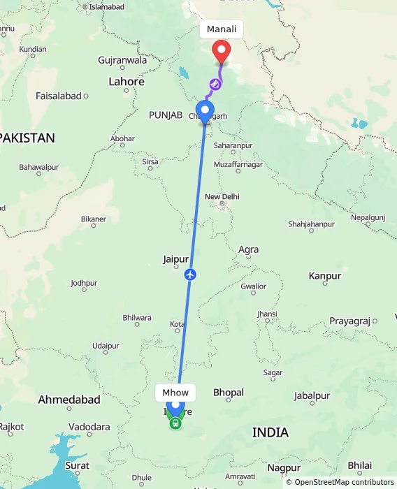 Route map showing distance and travel time from Mhow, India to Manali, India
