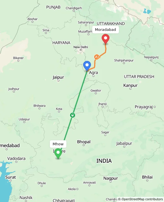 Route map showing distance and travel time from Mhow, India to Moradabad, India