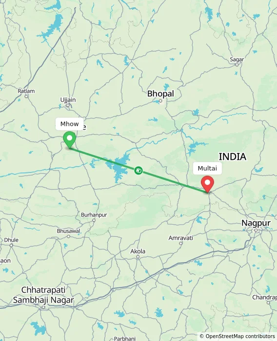 Route map showing distance and travel time from Mhow, India to Multai, India
